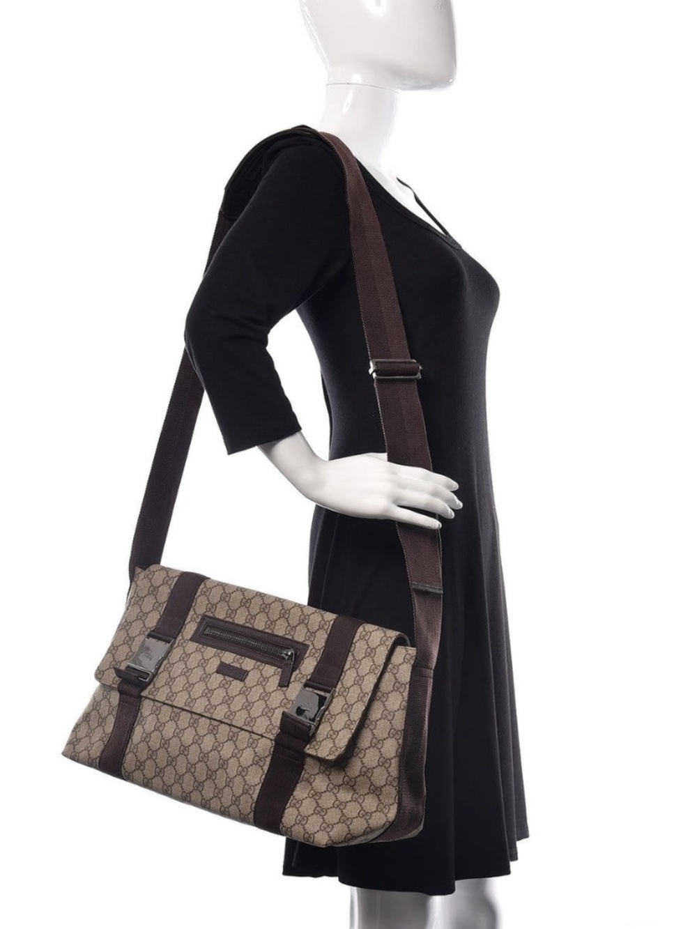 Authentic GUCCI GG Plus Monogram Double Buckle Flap Messenger Bag Beige/Brown - Picture 15 of 15